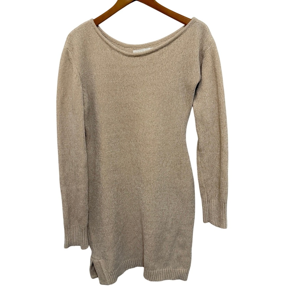 Meshki Women Knit Mini Dress‎ L Beige Off The Shoulder Ribbed Chenille Luxe Cozy